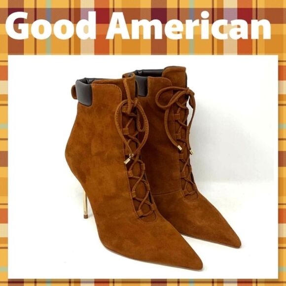 Good American Scandal Lace Up Stilleto Booties Suede Tobacco - Picture 1 of 15